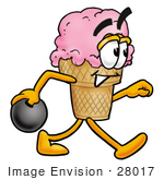 #28017 Clip Art Graphic Of A Strawberry Ice Cream Cone Cartoon Character Holding A Bowling Ball