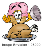 #28020 Clip Art Graphic Of A Strawberry Ice Cream Cone Cartoon Character Serving A Thanksgiving Turkey On A Platter
