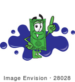 #28028 Clip Art Graphic Of A Flat Green Dollar Bill Cartoon Character Pointing Upwards And Standing In Front Of A Blue Paint Splatter On A Logo