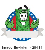 #28034 Clip Art Graphic Of A Flat Green Dollar Bill Cartoon Character On A Blank Logo Label With A White Banner Red Background And Stars Over Blue