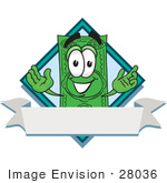 #28036 Clip Art Graphic Of A Flat Green Dollar Bill Cartoon Character Over A Blank Label Banner On A Logo