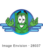 #28037 Clip Art Graphic Of A Flat Green Dollar Bill Cartoon Character In A Blue Circular Logo With Lines