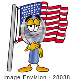 #28038 Clip Art Graphic Of A Blue Handled Magnifying Glass Cartoon Character Pledging Allegiance To An American Flag