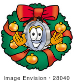 #28040 Clip Art Graphic Of A Blue Handled Magnifying Glass Cartoon Character In The Center Of A Christmas Wreath