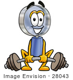 #28043 Clip Art Graphic Of A Blue Handled Magnifying Glass Cartoon Character Lifting A Heavy Barbell