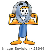 #28044 Clip Art Graphic Of A Blue Handled Magnifying Glass Cartoon Character Flexing His Arm Muscles