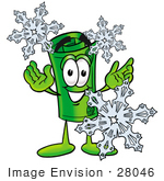 #28046 Clip Art Graphic Of A Rolled Greenback Dollar Bill Banknote Cartoon Character With Three Snowflakes In Winter