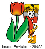 #28052 Clip Art Graphic Of A Red Paintbrush With Yellow Paint Cartoon Character With A Red Tulip Flower In The Spring