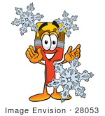 #28053 Clip Art Graphic Of A Red Paintbrush With Yellow Paint Cartoon Character With Three Snowflakes In Winter