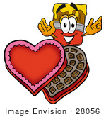 #28056 Clip Art Graphic Of A Red Paintbrush With Yellow Paint Cartoon Character With An Open Box Of Valentines Day Chocolate Candies