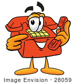 #28059 Clip Art Graphic Of A Red Landline Telephone Cartoon Character Holding A Telephone