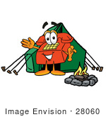 #28060 Clip Art Graphic Of A Red Landline Telephone Cartoon Character Camping With A Tent And Fire