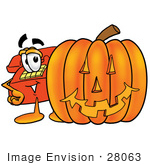 #28063 Clip Art Graphic Of A Red Landline Telephone Cartoon Character With A Carved Halloween Pumpkin