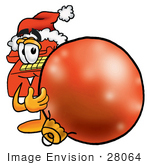 #28064 Clip Art Graphic Of A Red Landline Telephone Cartoon Character Wearing A Santa Hat Standing With A Christmas Bauble