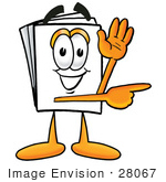 #28067 Clip Art Graphic Of A White Copy And Print Paper Cartoon Character Waving And Pointing To The Right