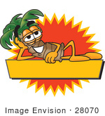 #28070 Clip Art Graphic Of A Tropical Palm Tree Cartoon Character Reclining Over A Blank Yellow Label With A Burst