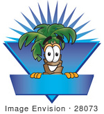 #28073 Clip Art Graphic Of A Tropical Palm Tree Cartoon Character Over A Blank Blue Label Logo With A Burst