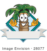 #28077 Clip Art Graphic Of A Tropical Palm Tree Cartoon Character On A Blank White Banner Label Logo With A Blue Diamond