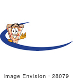#28079 Clip Art Graphic Of A Cheese Pizza Slice Cartoon Character Waving While Standing Behind A Blue Dash On An Employee Nametag Or Business Logo