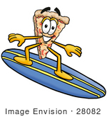 #28082 Clip Art Graphic Of A Cheese Pizza Slice Cartoon Character Surfing On A Blue And Yellow Surfboard