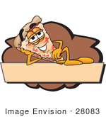 #28083 Clip Art Graphic Of A Cheese Pizza Slice Cartoon Character Reclining On A Tan And Brown Logo Label