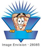 #28085 Clip Art Graphic Of A Cheese Pizza Slice Cartoon Character On A Blue Label Logo With A Burst