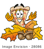 #28086 Clip Art Graphic Of A Cheese Pizza Slice Cartoon Character With Autumn Leaves And Acorns In The Fall