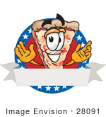 #28091 Clip Art Graphic Of A Cheese Pizza Slice Cartoon Character On A Blank American Label With A White Banner Red Background And White Stars Over Blue