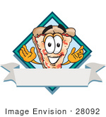 #28092 Clip Art Graphic Of A Cheese Pizza Slice Cartoon Character On A Blank Label Logo With A White Banner And Blue Diamond