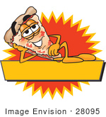 #28095 Clip Art Graphic Of A Cheese Pizza Slice Cartoon Character Reclining Over A Blank Yellow Banner In Front Of An Orange Burst On A Logo Label