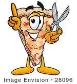 #28096 Clip Art Graphic Of A Cheese Pizza Slice Cartoon Character Holding A Pair Of Scissors