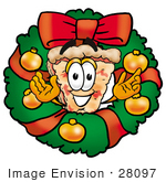 #28097 Clip Art Graphic Of A Cheese Pizza Slice Cartoon Character In The Center Of A Christmas Wreath