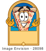 #28098 Clip Art Graphic Of A Cheese Pizza Slice Cartoon Character On A Blank Tan Label