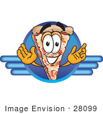 #28099 Clip Art Graphic Of A Cheese Pizza Slice Cartoon Character On A Blue Logo