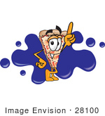 #28100 Clip Art Graphic Of A Cheese Pizza Slice Cartoon Character Pointing Upwards And Standing In Front Of A Blue Paint Splatter On A Logo
