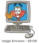 #28108 Clip Art Graphic Of A Plumbing Toilet Or Sink Plunger Cartoon Character Waving From Inside A Computer Screen