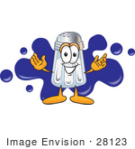 #28123 Clip Art Graphic Of A Salt Shaker Cartoon Character Standing In Front Of A Blue Paint Splatter On A Logo