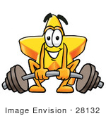 #28132 Clip Art Graphic Of A Yellow Star Cartoon Character Lifting A Heavy Barbell