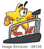 #28135 Clip Art Graphic Of A Yellow Star Cartoon Character Getting A Good Workout While Walking On A Treadmill In A Fitness Gym