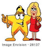 #28137 Clip Art Graphic Of A Yellow Star Cartoon Character Talking To A Pretty Blond Woman