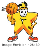 #28139 Clip Art Graphic Of A Yellow Star Cartoon Character Spinning A Basketball On The Tip Of His Finger