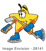 #28141 Clip Art Graphic Of A Yellow Star Cartoon Character Skating On Ice Skates And Carrying A Stick During An Ice Hockey Game