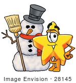 #28145 Clip Art Graphic Of A Yellow Star Cartoon Character With A Snowman On Christmas