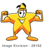 #28162 Clip Art Graphic Of A Yellow Star Cartoon Character Flexing His Arm Muscles