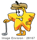 #28167 Clip Art Graphic Of A Yellow Star Cartoon Character Leaning On A Golf Club While Golfing