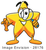 #28176 Clip Art Graphic Of A Yellow Star Cartoon Character Looking Through A Magnifying Glass
