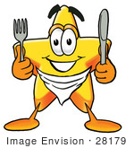 #28179 Clip Art Graphic Of A Yellow Star Cartoon Character Holding A Knife And Fork