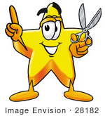 #28182 Clip Art Graphic Of A Yellow Star Cartoon Character Holding A Pair Of Scissors