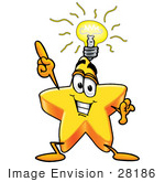 #28186 Clip Art Graphic Of A Yellow Star Cartoon Character With A Lightbulb Over His Head While Getting An Idea