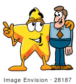 #28187 Clip Art Graphic Of A Yellow Star Cartoon Character Talking To A Business Man